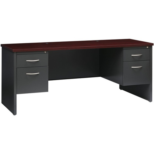 Lorell Mahogany Laminate/Charcoal Steel Double-pedestal Credenza - 2-Drawer - 72" x 24" , 1.1" Top - 2 x Box, File Drawer(s) - Double Pedestal - Material: Steel - Finish: Mahogany Laminate, Charcoal