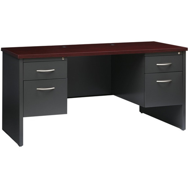 Lorell Mahogany Laminate/Charcoal Steel Double-pedestal Credenza - 2-Drawer - 60" x 24" , 1.1" Top - 2 x Box, File Drawer(s) - Double Pedestal - Material: Steel - Finish: Mahogany Laminate, Charcoal
