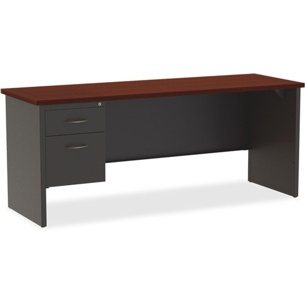 Lorell Mahogany Laminate/Charcoal Steel Left-pedestal Credenza - 2-Drawer - 72" x 24" , 1.1" Top - 2 x Box, File Drawer(s) - Single Pedestal on Left Side - Material: Steel - Finish: Mahogany Laminate, Charcoal