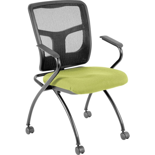 Lorell Ergomesh Nesting Chairs with Arms - Dillon Apple Green Antimicrobial Vinyl Seat - Black Mesh Back - Gray Powder Coated Metal Frame - Four-legged Base - Armrest - 2 / Carton