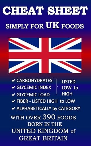 CHEAT SHEET SIMPLY for UK Foods: CARBOHYDRATE, GLYCEMIC INDEX, GLYCEMIC LOAD FOODS Listed from LOW to HIGH + High FIBER FOODS Listed from HIGH TO LOW + ALAPHABETICALLY BY CATEGORY with OVER 390 foods BORN IN THE UK