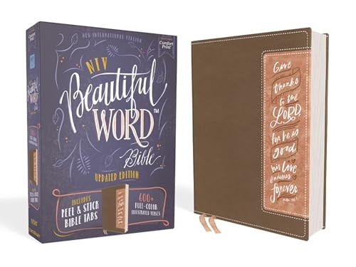 NIV, Beautiful Word Bible, Updated Edition, Peel/Stick Bible Tabs, Leathersoft, Brown/Pink, Red Letter, Comfort Print: 600+ Full-Color Illustrated Verses (Beautiful Word)
