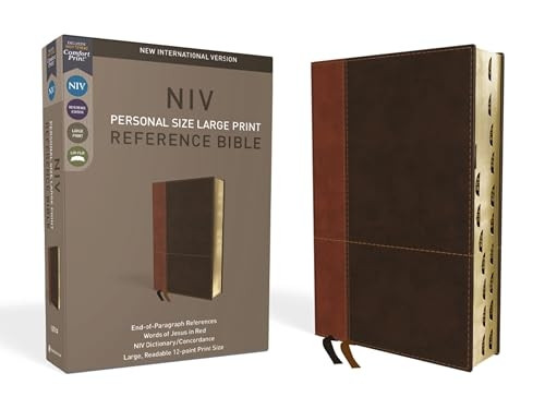 NIV, Personal Size Reference Bible, Large Print, Imitation Leather, Brown, Indexed, Red Letter Edition, Comfort Print