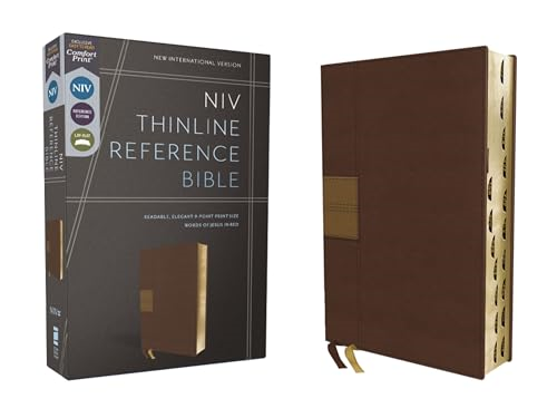 Niv, Thinline Reference Bible (Deep Study at a Portable Size), Leathersoft, Brown, Red Letter, Thumb Indexed, Comfort Print