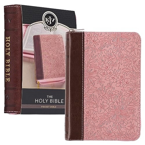 KJV Holy Bible, Mini Pocket Size, Faux Leather Red Letter Edition - Ribbon Marker, King James Version, Pink/Tan, Zipper Closure