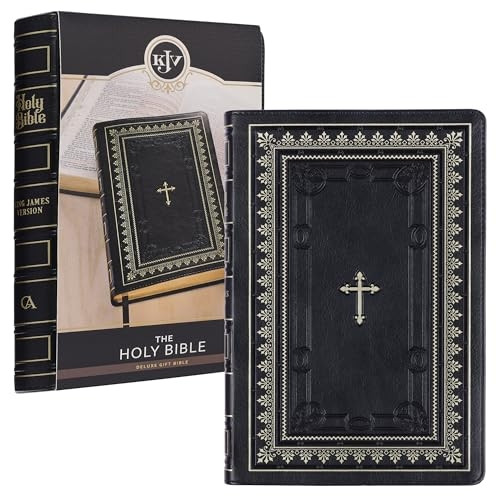 KJV Holy Bible Standard Size Faux Leather Red Letter Edition - Thumb Index & Ribbon Marker, King James Version, Black/Gold Cross