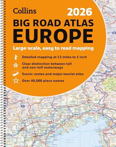 Collins 2026 Big Road Atlas Europe : Large Scale, Easy To Read Mapping (A3 Spiral Binding)
