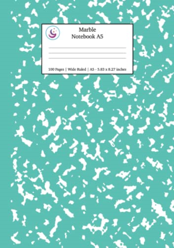 Marble Notebook A5: Turquoise Marble Wide Ruled Journal