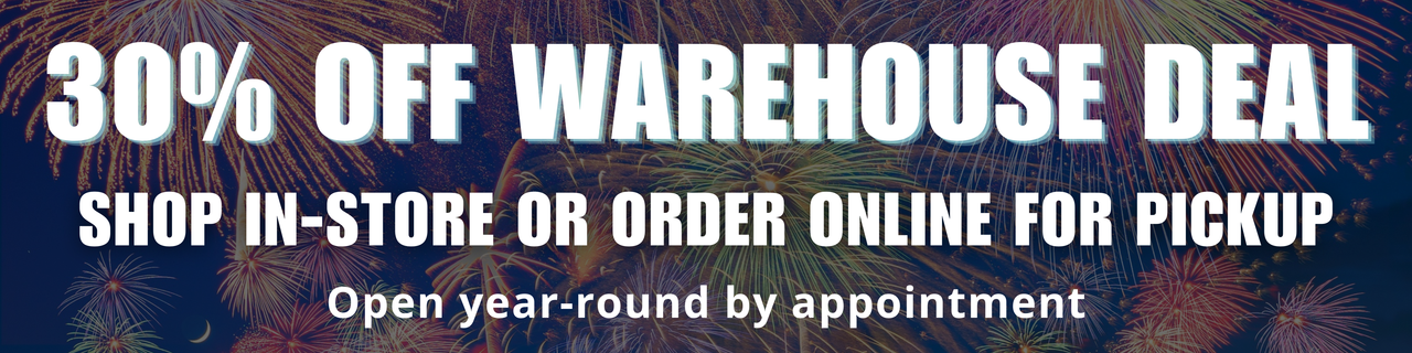 White Lightning Fireworks in Jeffersonville and Mt. Sterling, Kentucky. 30% off warehouse deal - shop in-store or order online for pickup and get 30% off your order. Open year-round by appointment.