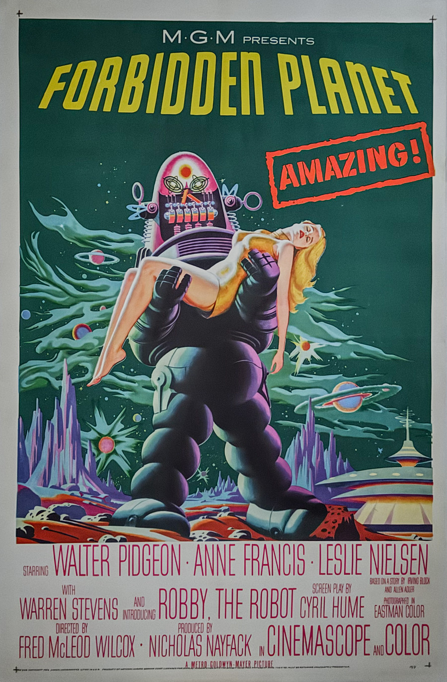 Forbidden Planet (1956) original U.S. one sheet movie poster linen backed depicts Robbie the Robot holding a woman in his arms