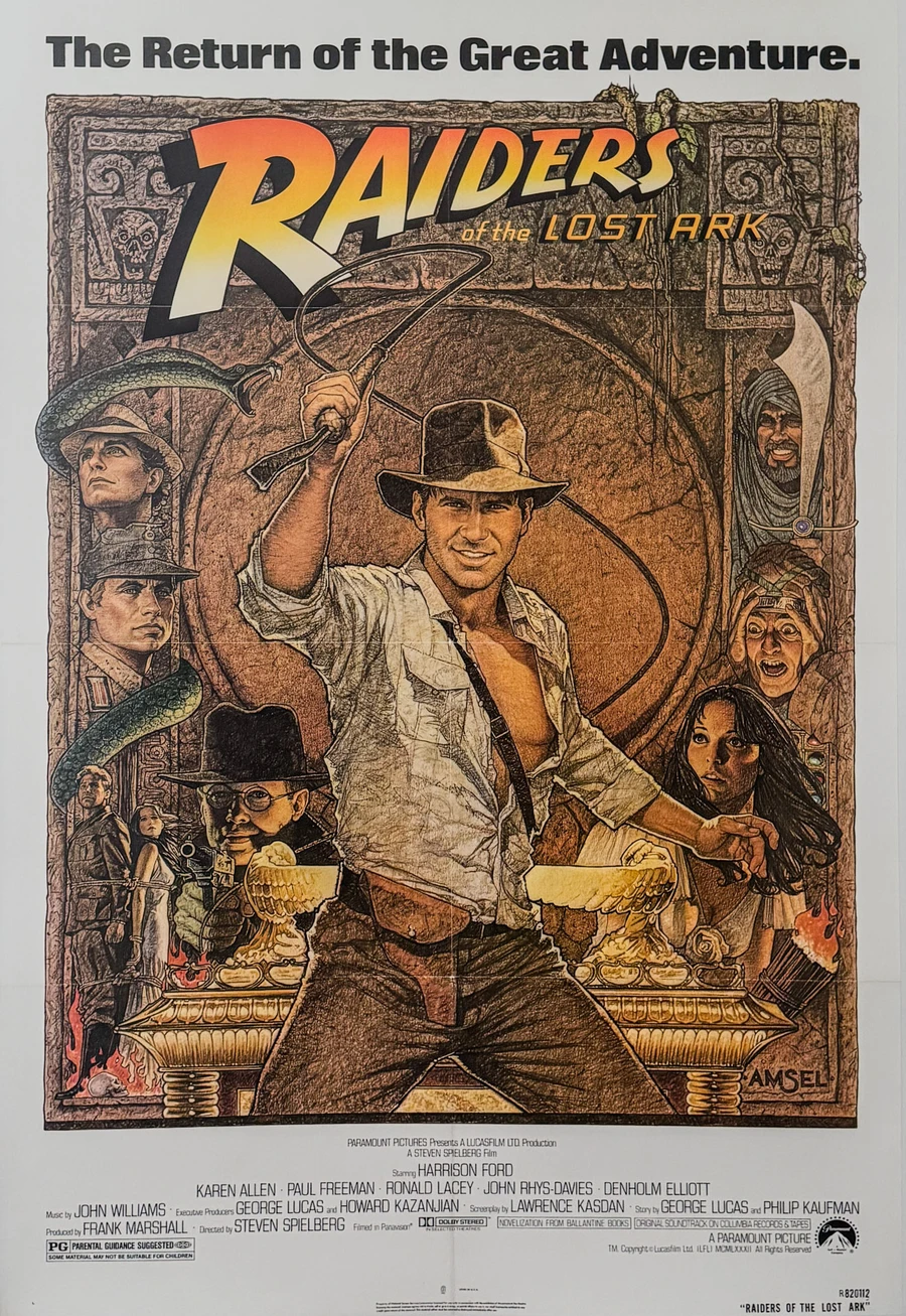 Raiders of the Lost Ark 1982 original release poster depicts Indiana Jones with whip