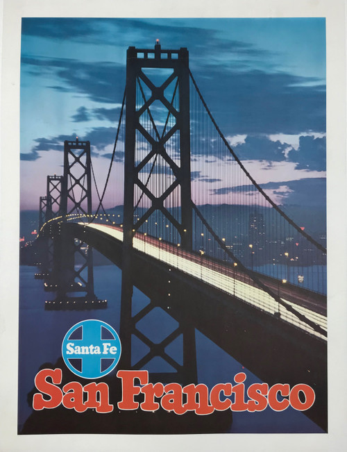 Santa Fe Rail San Francisco original vintage poster linen backed depicts bridge at sunset
