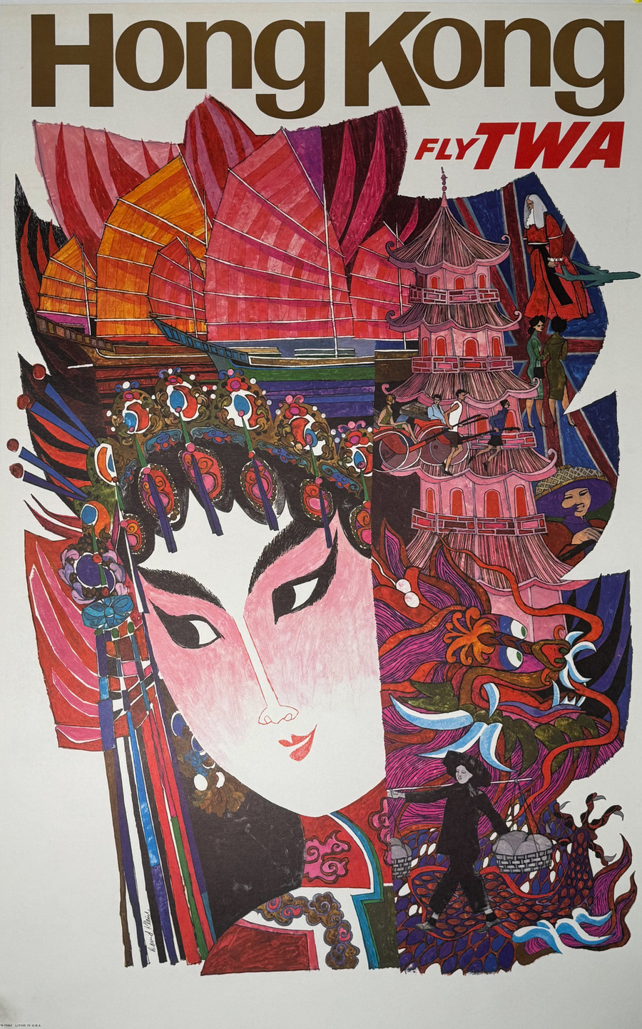 Original 1960 TWA poster for Hong Kong by David Klein depicts asian woman and scenes from Hong Kong linen backed