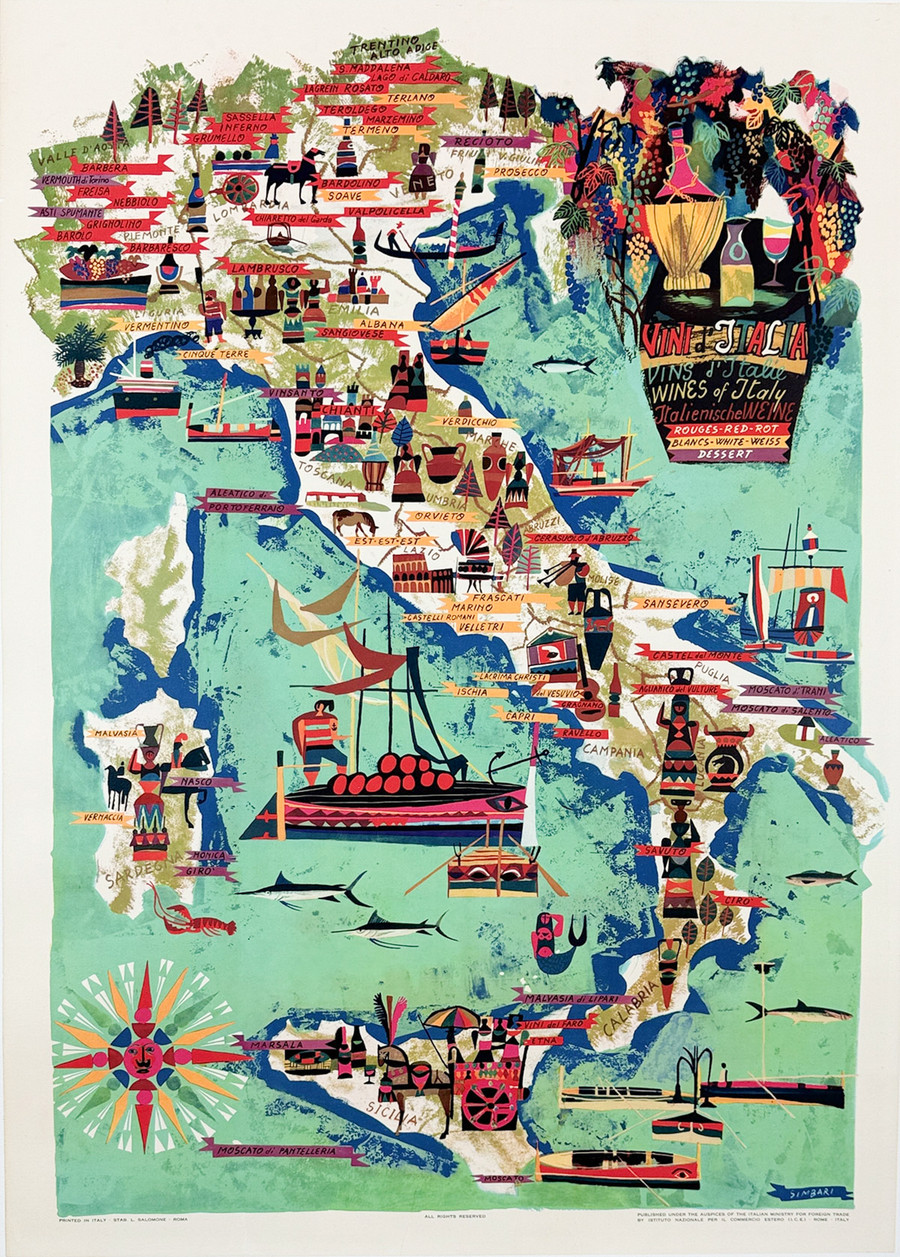Vini d' Italia original vintage Italian wine poster depicts Italy and wine region linen backed