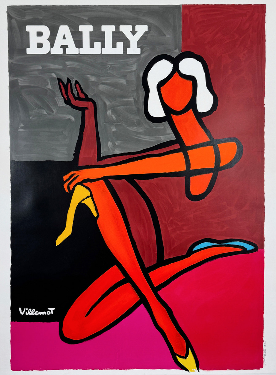 Bally Dame Poster by Bernard Villemot original 1976 French poster depicts drawing of woman sitting with yellow shoe