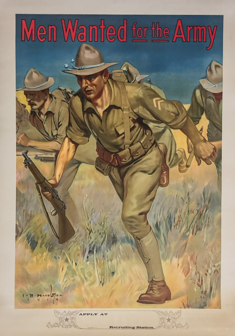 Wanted for the Army by Isaac Brewster Hazelton 1914 poster shows American soldiers in a field
