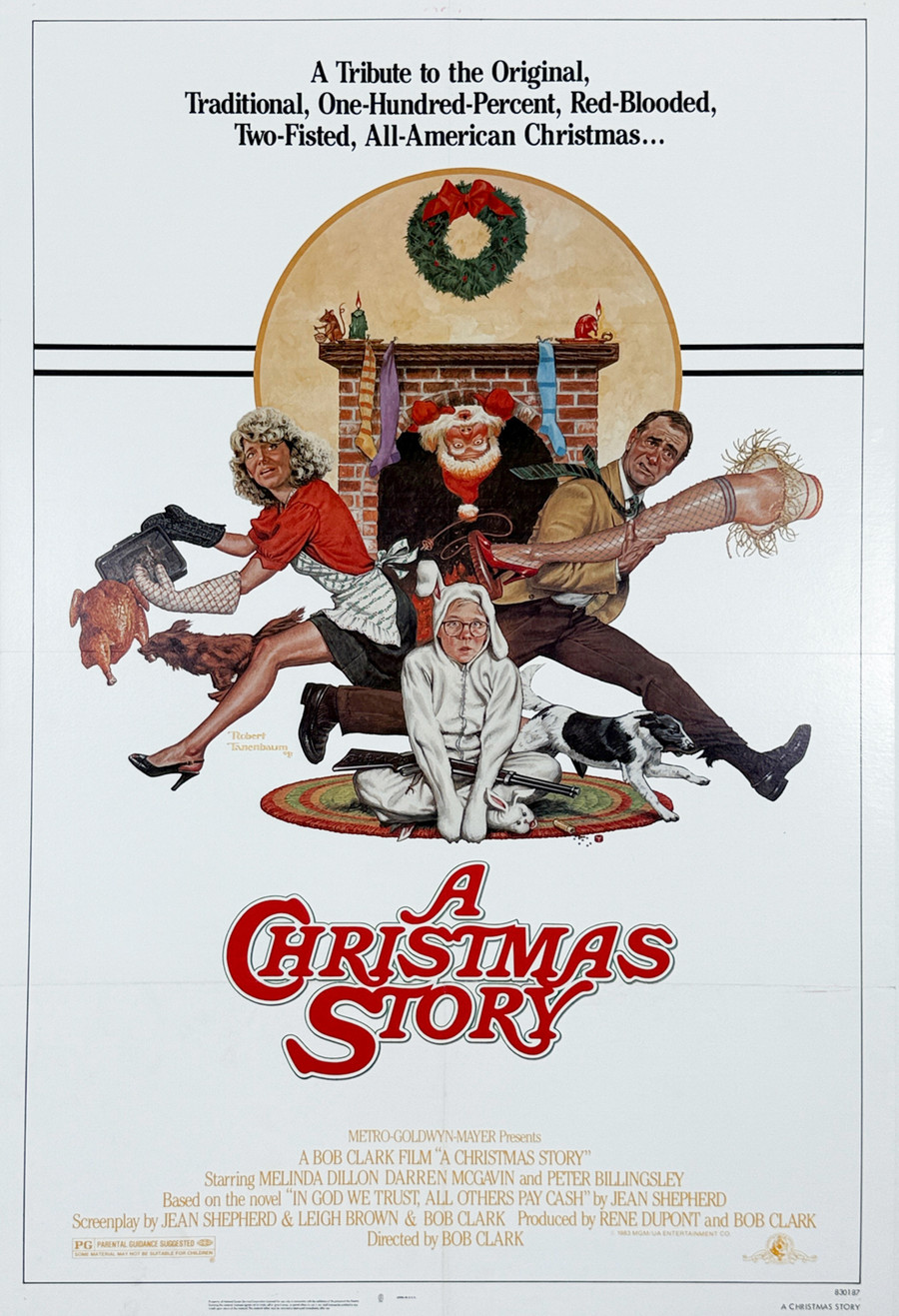 A Christmas Story 1983 original movie poster shows family at Christmas with sexy leg