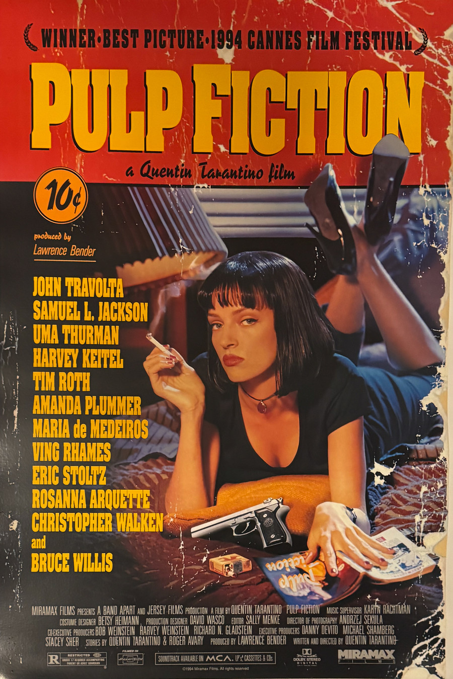 Pulp Fiction original style A one sheet movie poster printed 1994 depicts Uma Thurman smoking a cigarette.