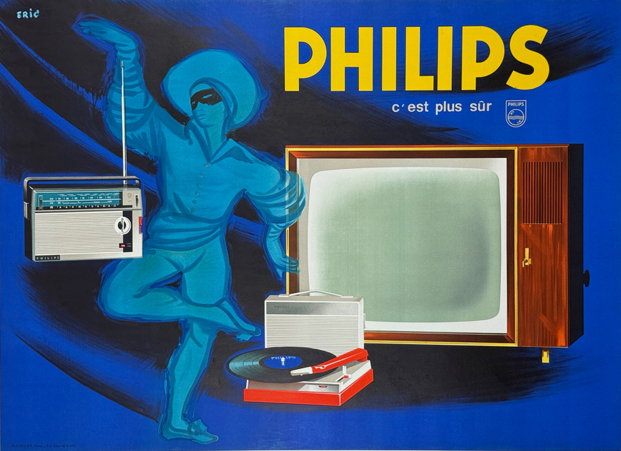 Philips C'est Plus Sur Radio and Television original 1950s poster linen backed