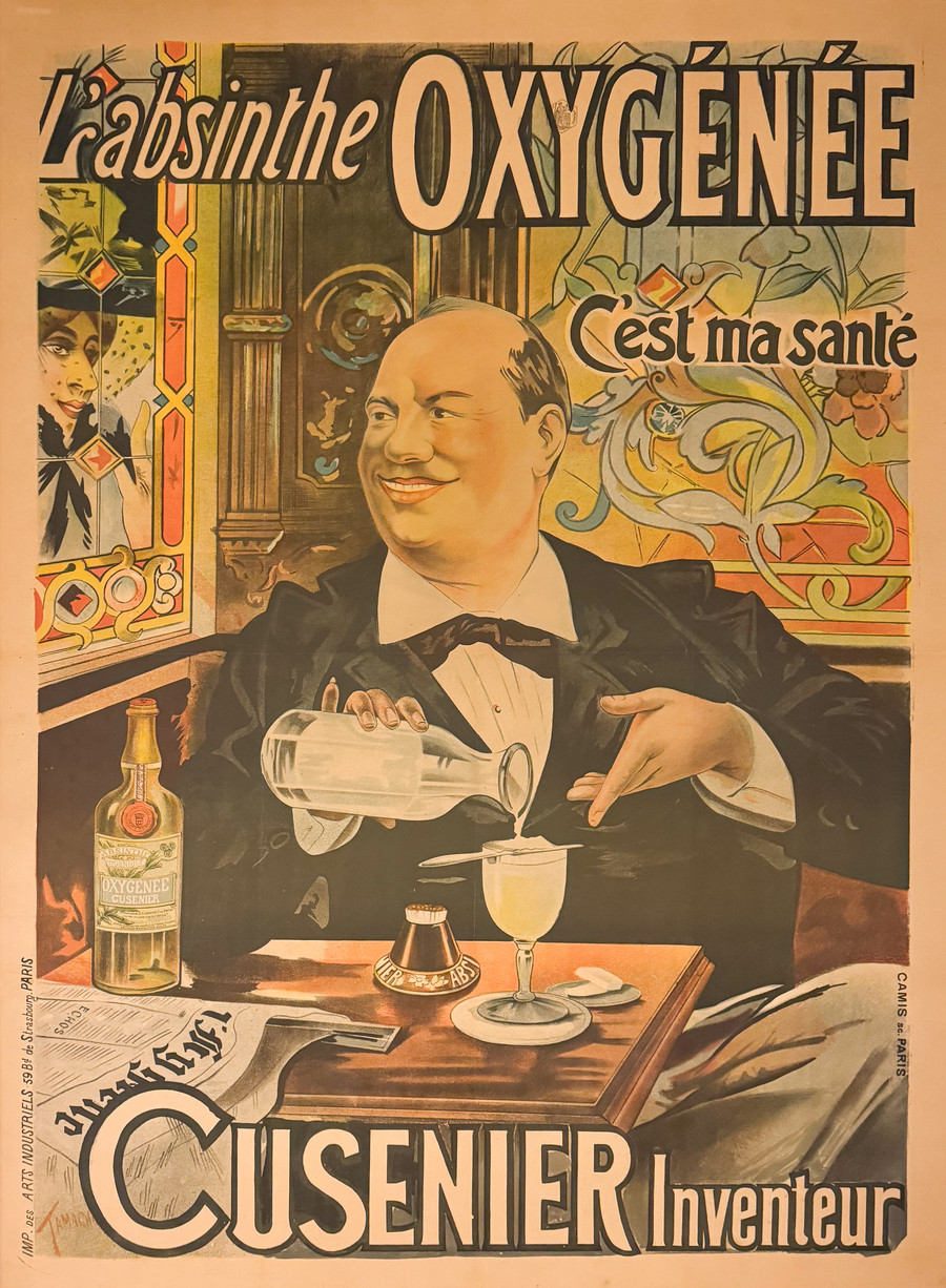 L'Absinthe Oxygenee Cusenier by Francisco Tamagno depicts a man drinking liquor with a women looking at him through a window