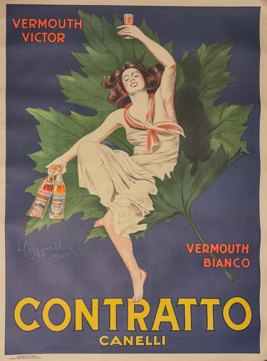 Cappiello Contratto Canelli vintage 1970s poster linen backed depicts a woman holding a bottle against a blue and green backdrop