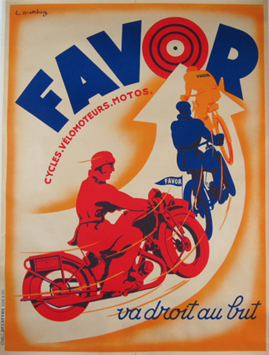 Original vintage poster - French stone lithograph designed by artist Claude Matthey to advertise Favor motorcycles and bicycles. Condition notes: A condition. Minor staining and discoloration consistent with age. Colors and imagery are sharp and vibrant.