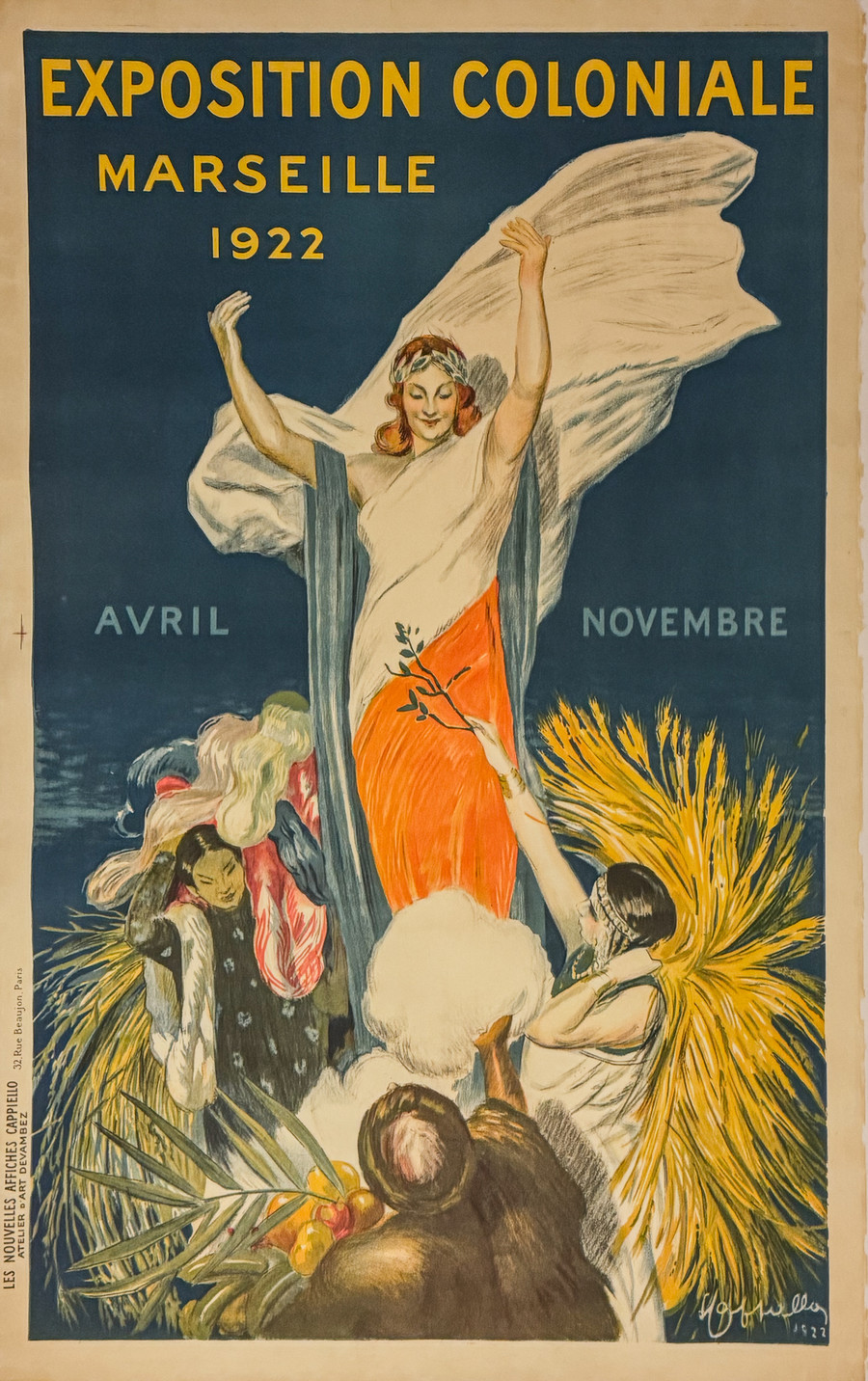 Exposition Coloniale Marseille original 1922 French poster feutrine woman with white, red, and blue robes among French subjects