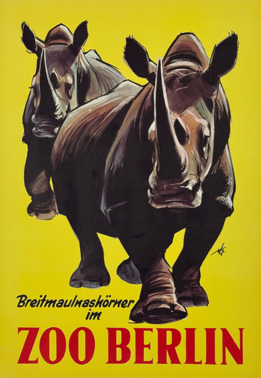 Tierpark German lithograph poster printed 1958 depicts rhinos against a yellow background with red letters