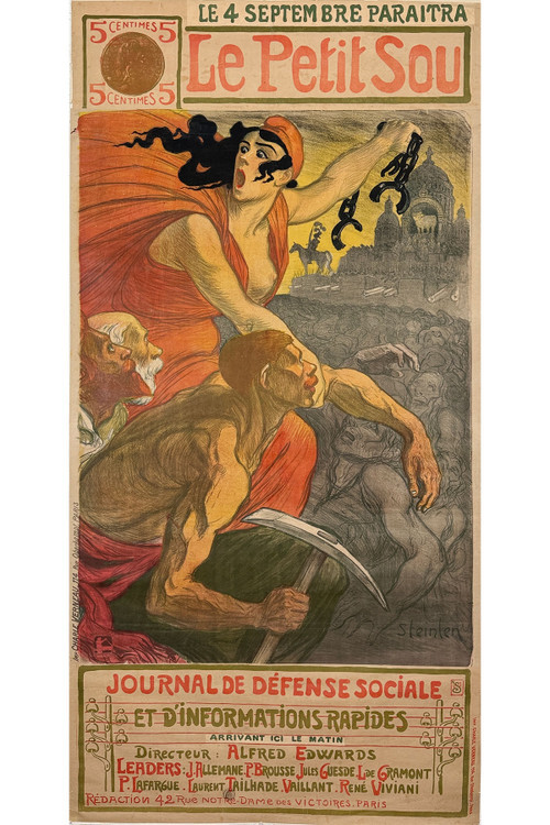 Original Steinlen Le Petit Sou French Poster depicts a partially clothed woman in red leading workers