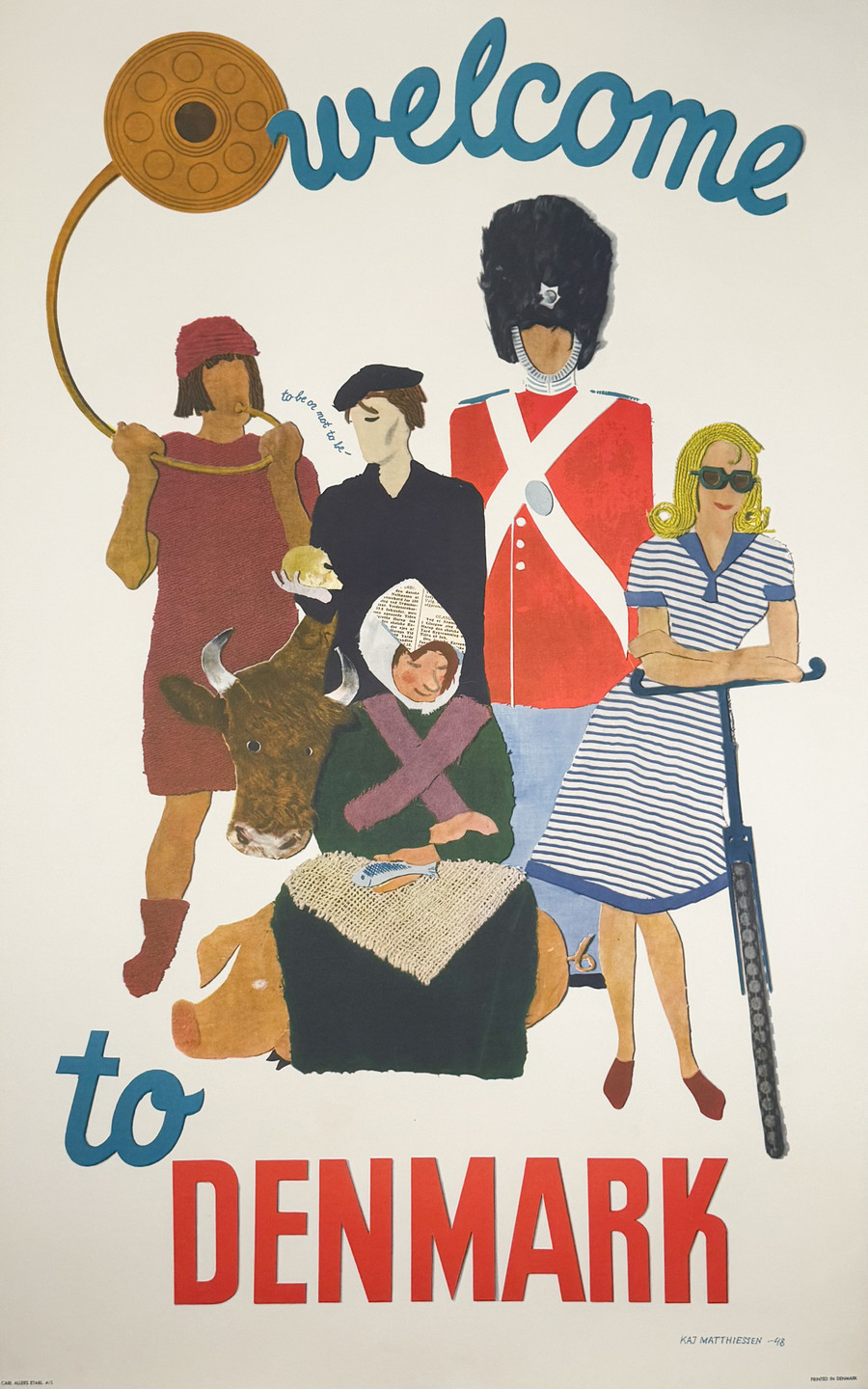 Welcome to Denmark vintage 1948 travel poster Colorful depiction of Danish citizens and friendly farm animals including a pig and cow. Recently linen backed. Best linen on the market. A- condition.