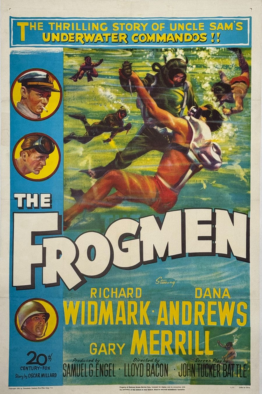 The Frogmen 1951 original one sheet movie poster linen backed depicts Navy divers fighting under water