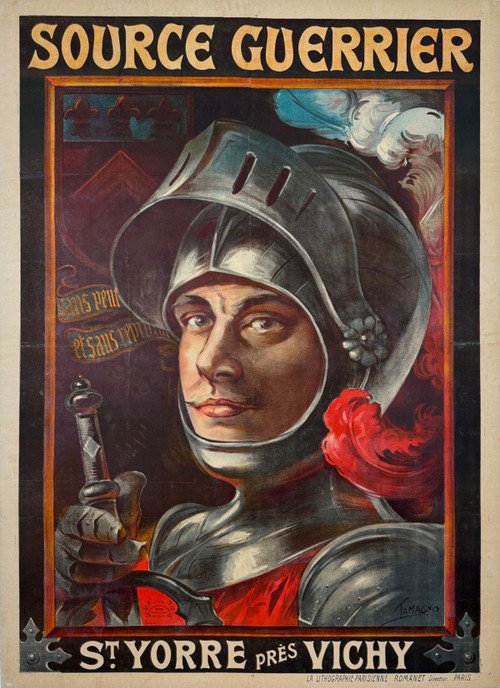 Source Guerrier St Yorre Vichy original vintage poster by Tamagno depicts knight holding sword