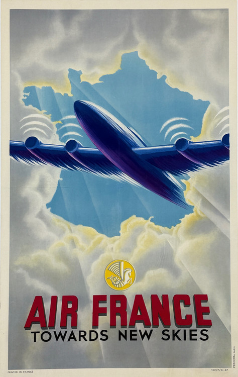 Air France Towards New Skies Original Vintage 1940s Poster depicts a four engined plane bursting through the clouds