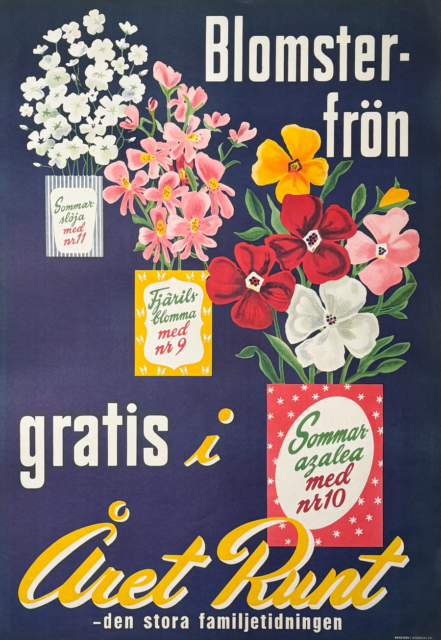 Blomster-Fron original vintage poster advertising flower seeds depicts beautiful flowers