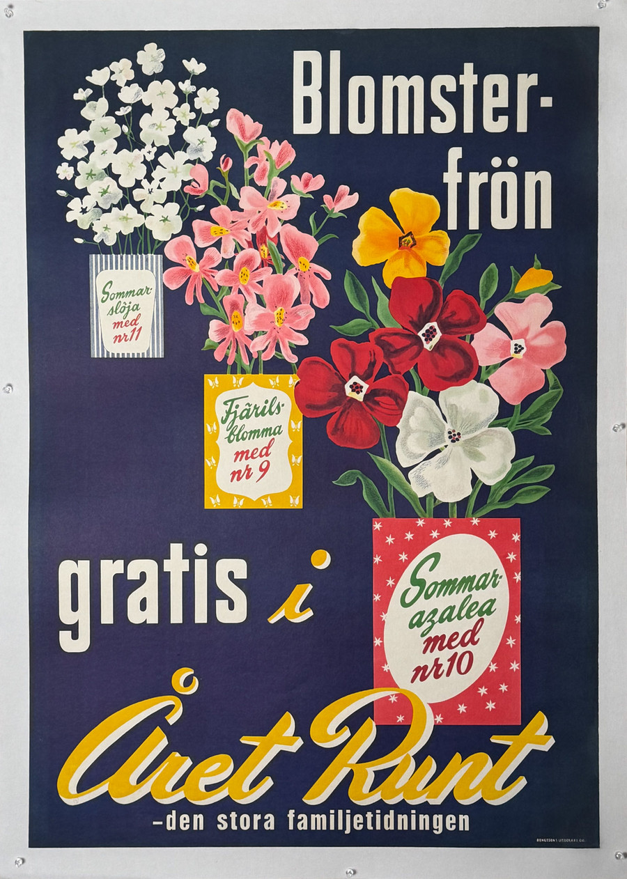 Blomster-Fron original vintage poster advertising flower seeds depicts beautiful flowers