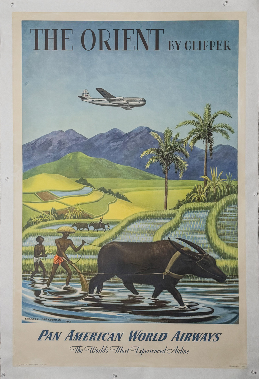 The Orient by Clipper-Pan American World Airways, original vintage air travel lithograph poster printed circa 1949 depicting airplane flying over a village with farmers using a water buffalo to tend to their rice paddy