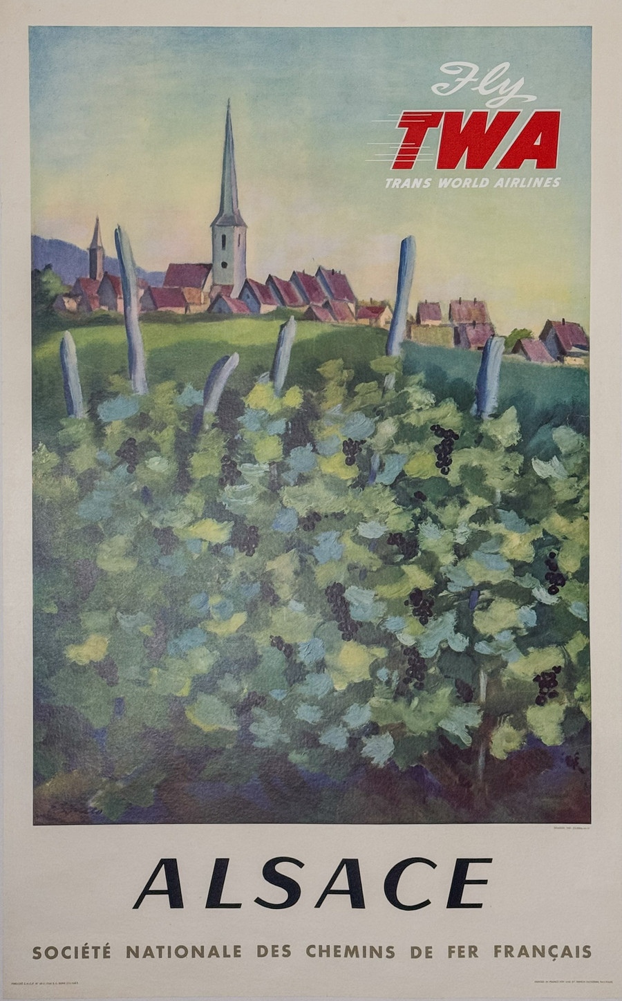 Fly TWA Alsace original vintage poster depicts French village and vineyard with grapes