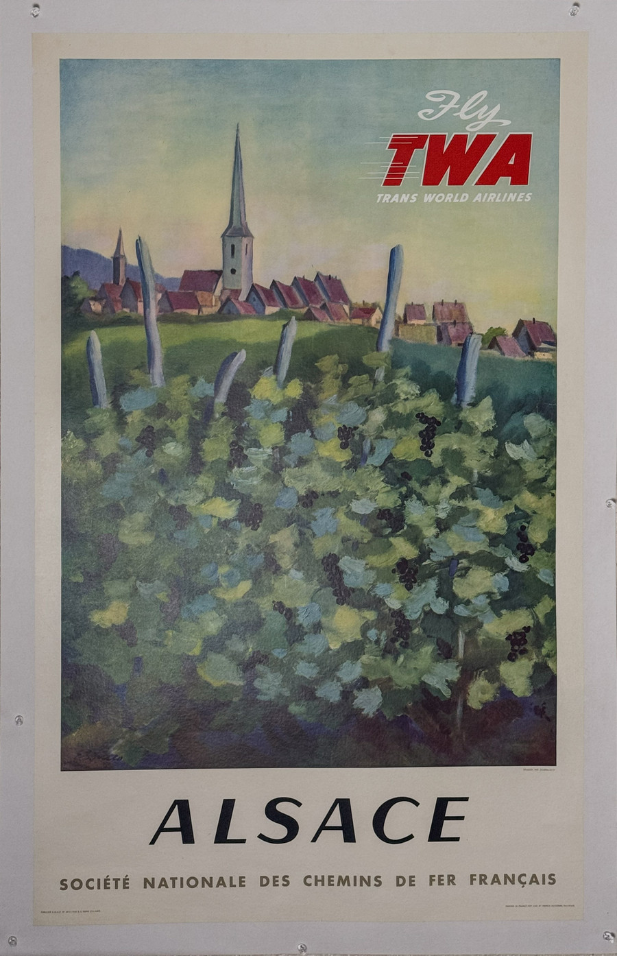 ly TWA Alsace original vintage poster depicts French village and vineyard with grapes