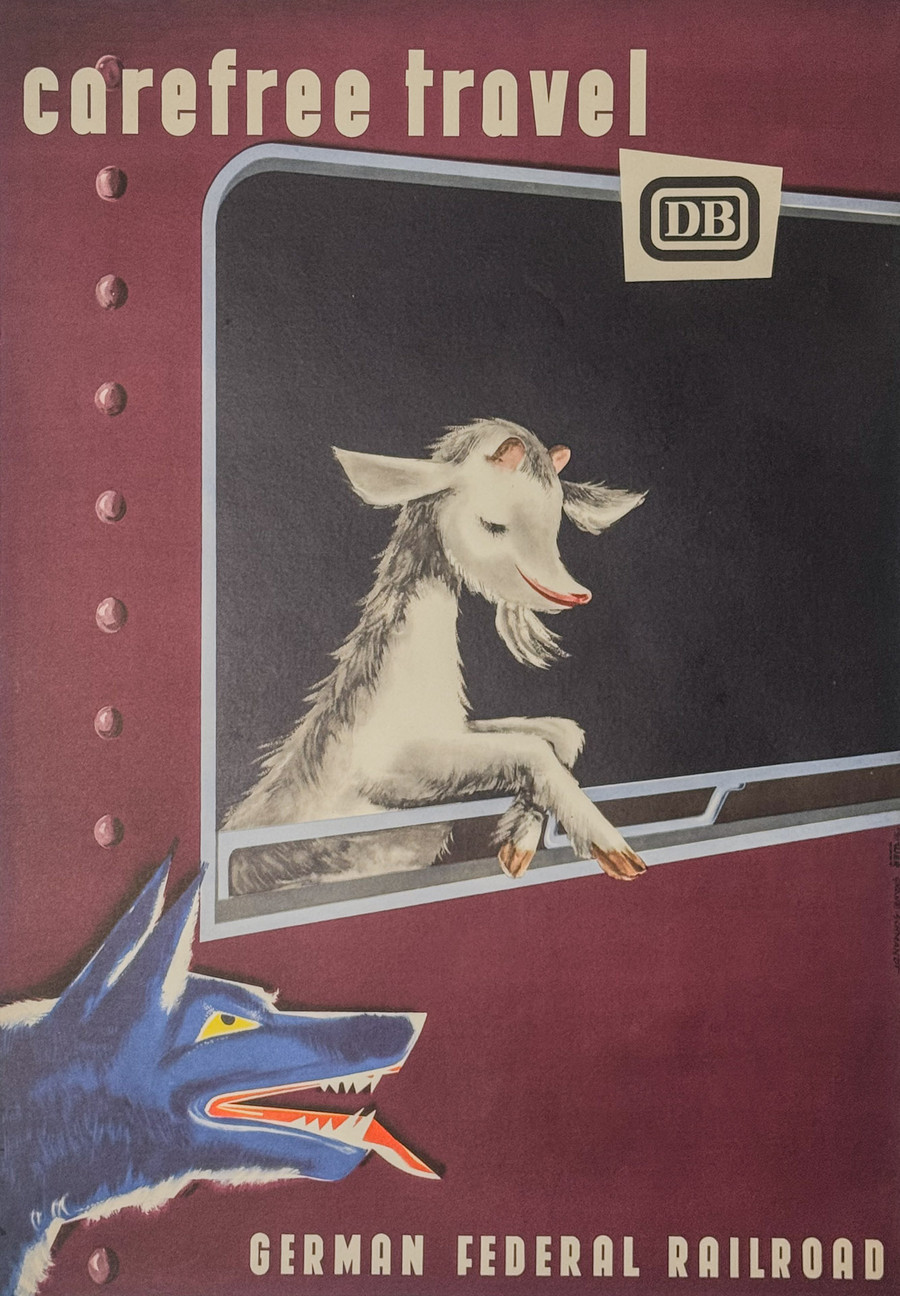 Care Free Travel German Railroad Original Poster depicts lamb on train being chased by wolf