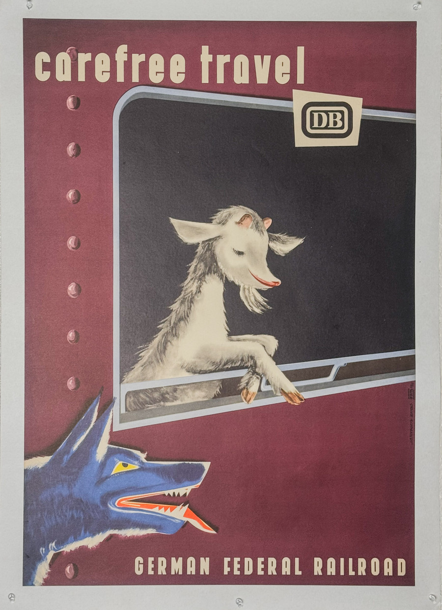 Care Free Travel German Railroad Original Poster depicts lamb on train being chased by wolf