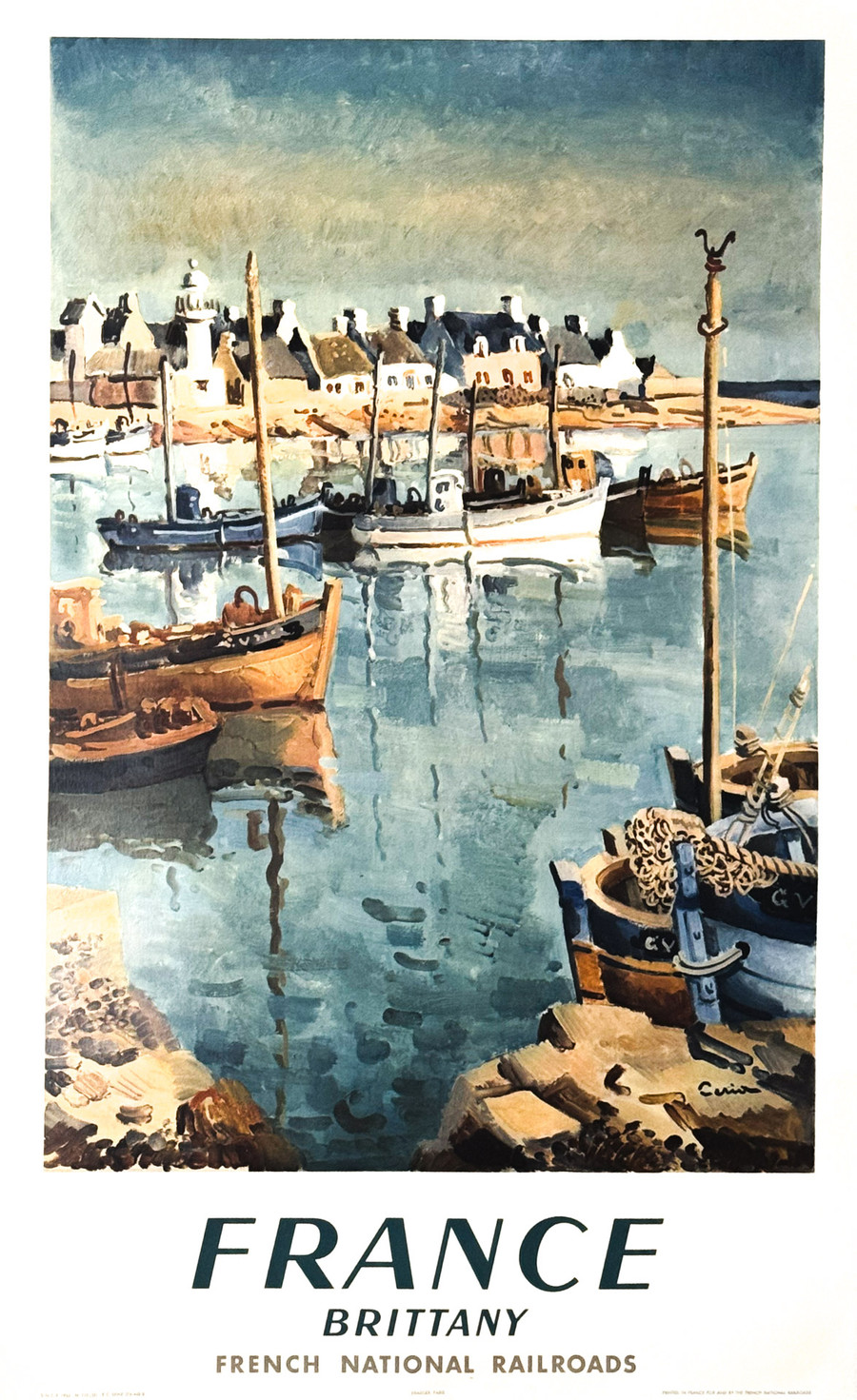 French National Railroads Brittany Original Vintage Poster depicts a harbor in a sea side village
