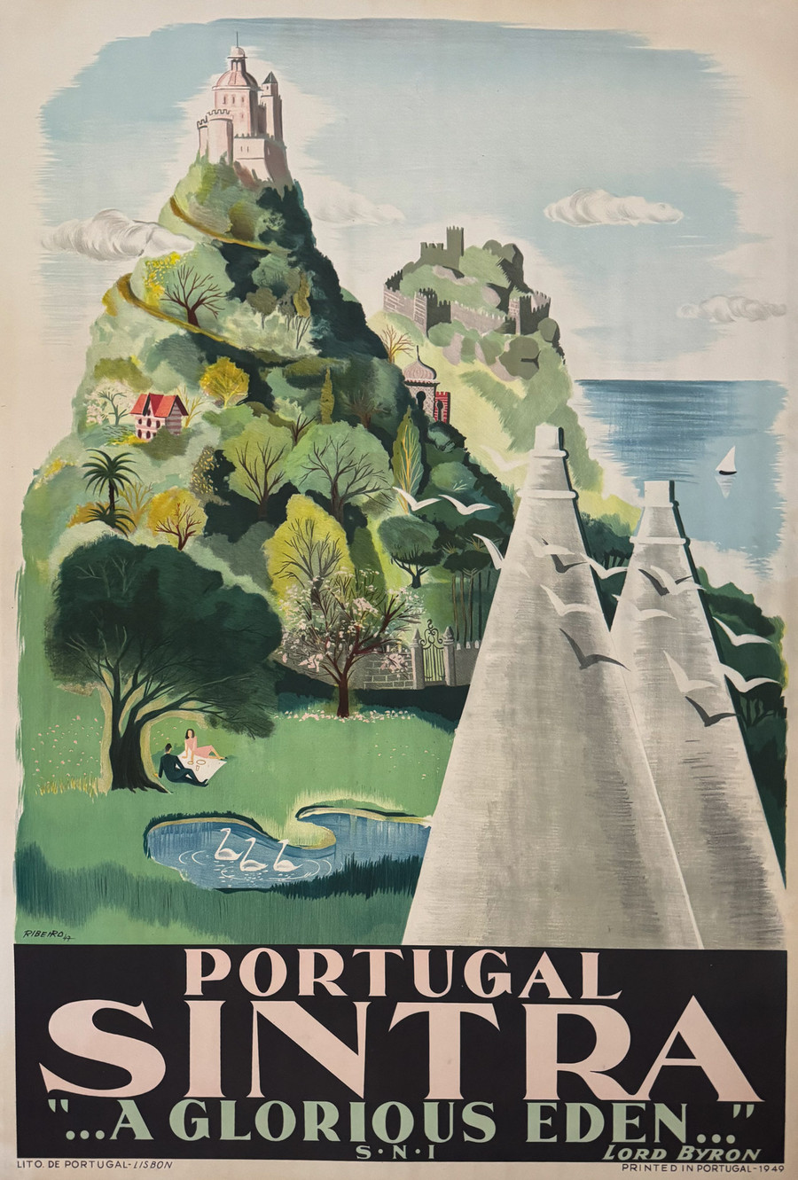 Portugal Sintra, a Glorious Eden original vintage travel poster from 1949 depicts the ocean, green mountains, and the City of Lisbon