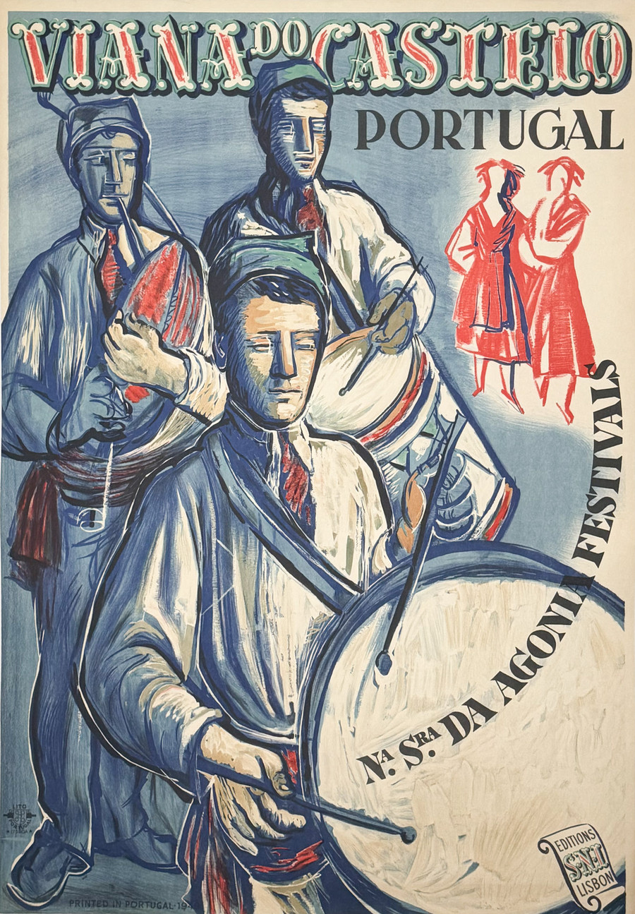 Viana Do Castelo Portugal Vintage Travel Poster Depicting Folk Drummers against a blue background
