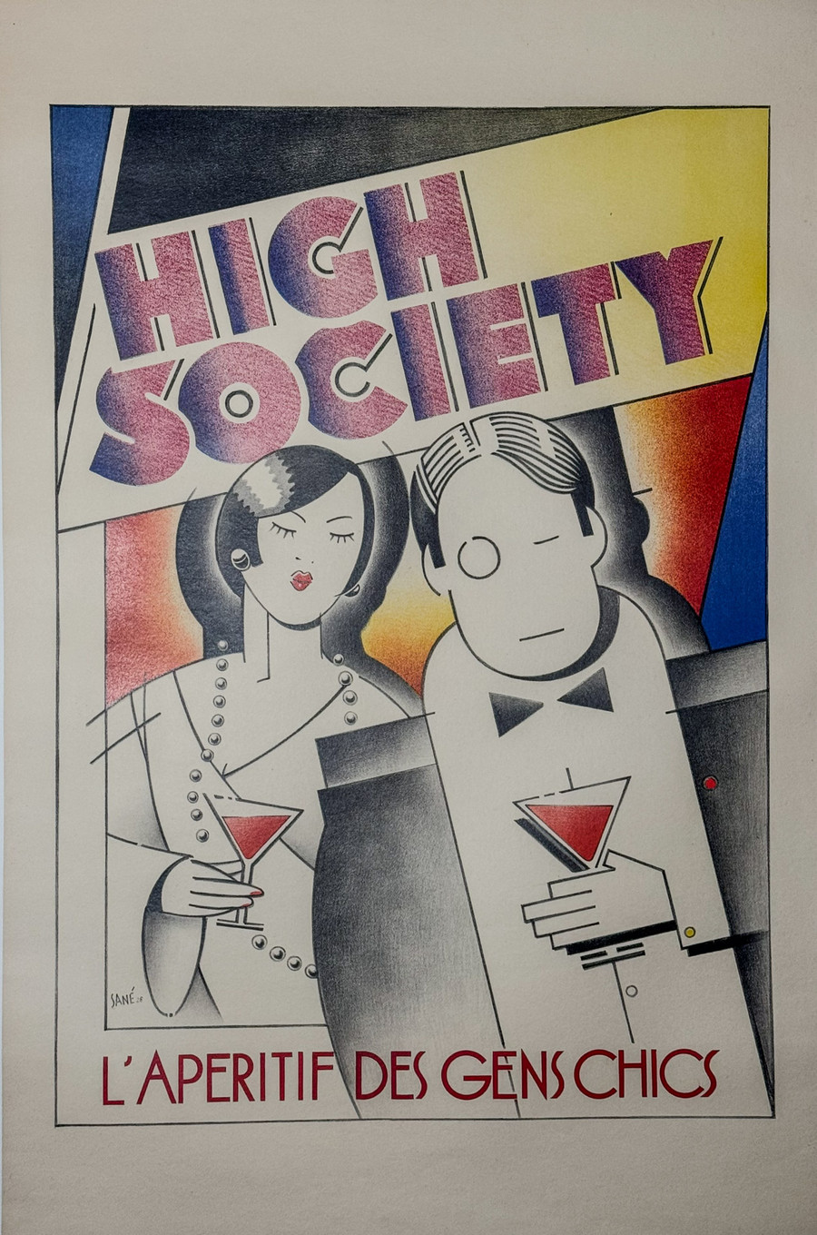 High Society by G. Sane Original 1980 Art Deco Poster Linen Backed