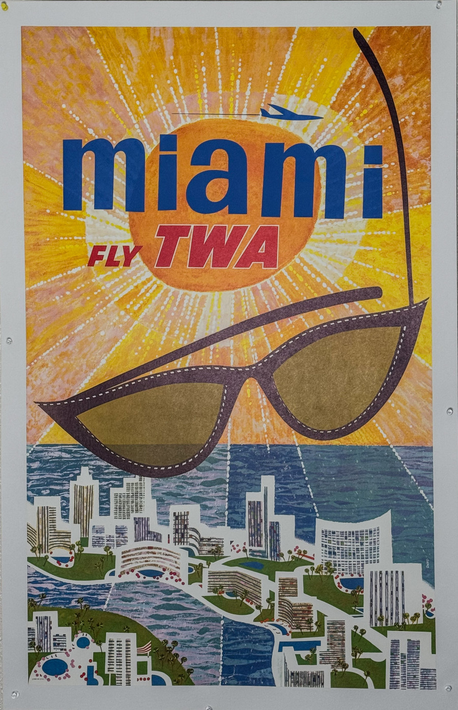 Miami Fly TWA Original Vintage Poster by David Klein Printed 1960 depicts sun, ocean, beach, and Fontainebleau Hotel