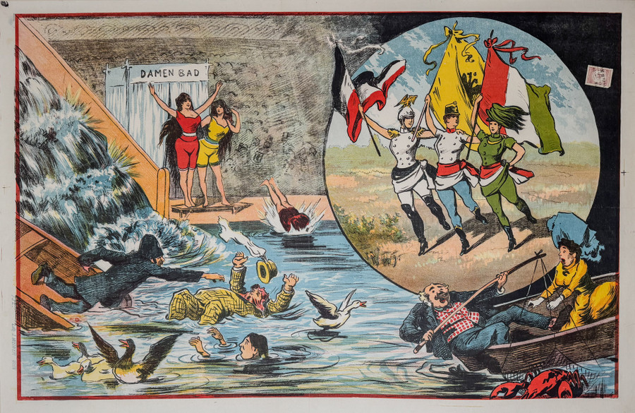 Damen Bad Original Austrian Theater Poster from 1930s depicts people in village and in lake being pushed off boats