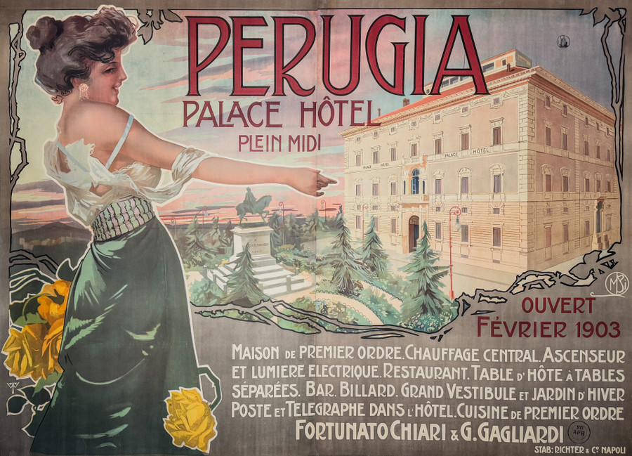 Perugia Hotel Original Antique Poster depicts a women pointing at hotel