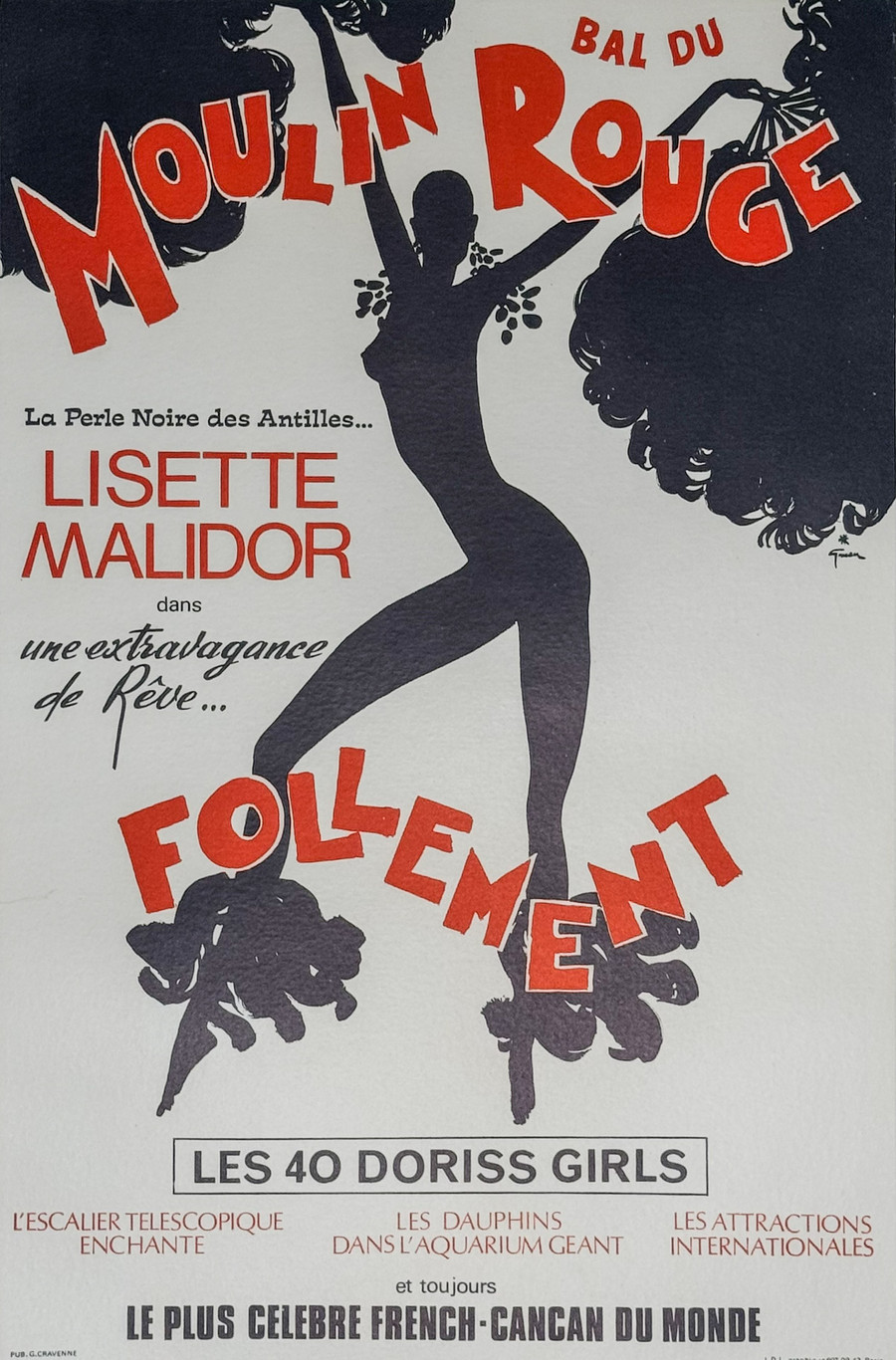 Bal du Moulin Rouge Follement poster by Gruau depicts dancer against white backdrop