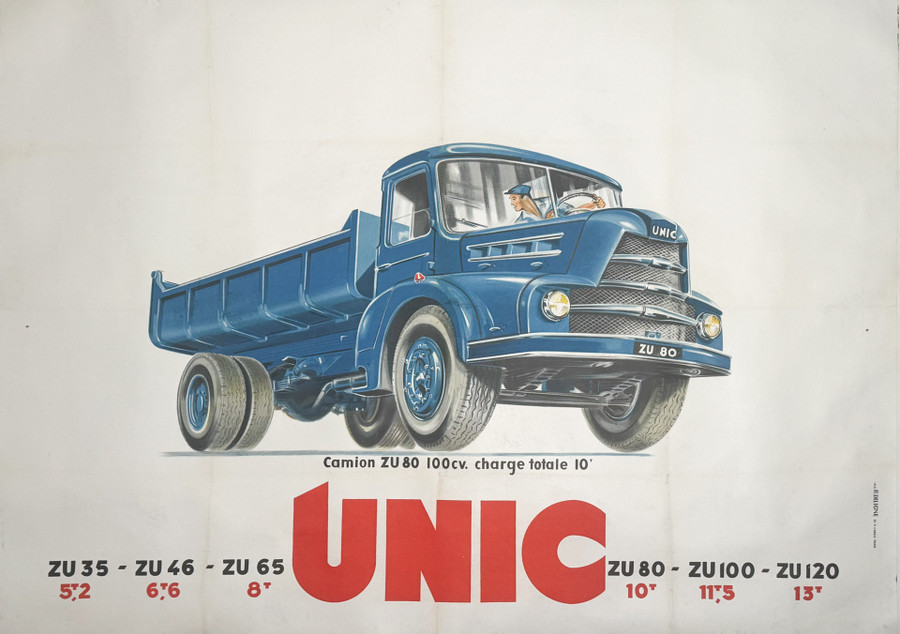 Unic Truck Original Vintage Poster from the 1960s depicts blue pick up truck