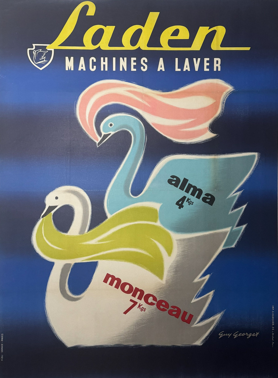 Laden Washing Machine Vintage 1950s Poster Depicts Swans in Water holding striped towels